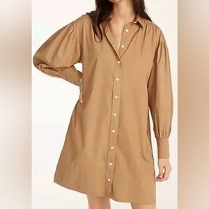 J. Crew Puff-Sleeve Cotton Poplin Mini Shirtdress Dress Button Up Brown XXS NWT